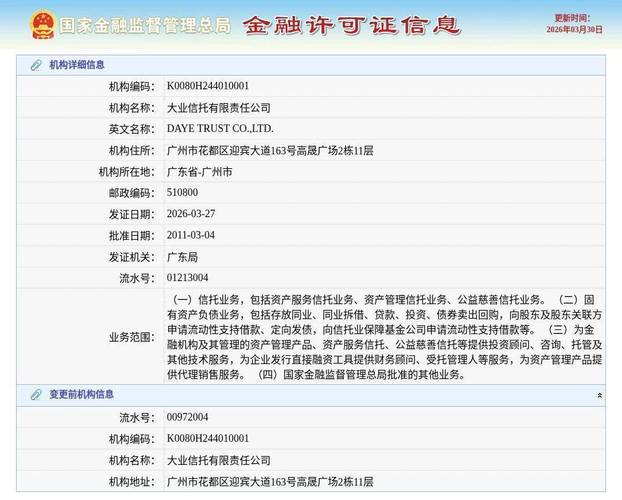 有限责任公司换发金融许可证,发证日期2026年3月27日